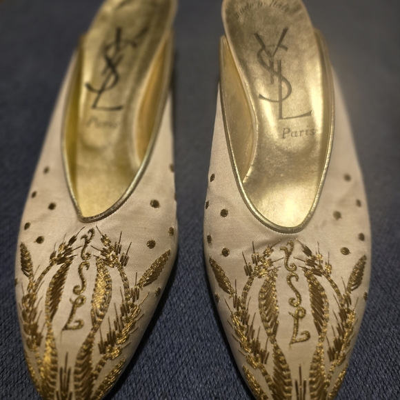 Yves Saint Laurent Gold and Cream Embroidered Mules - Picture 3 of 9